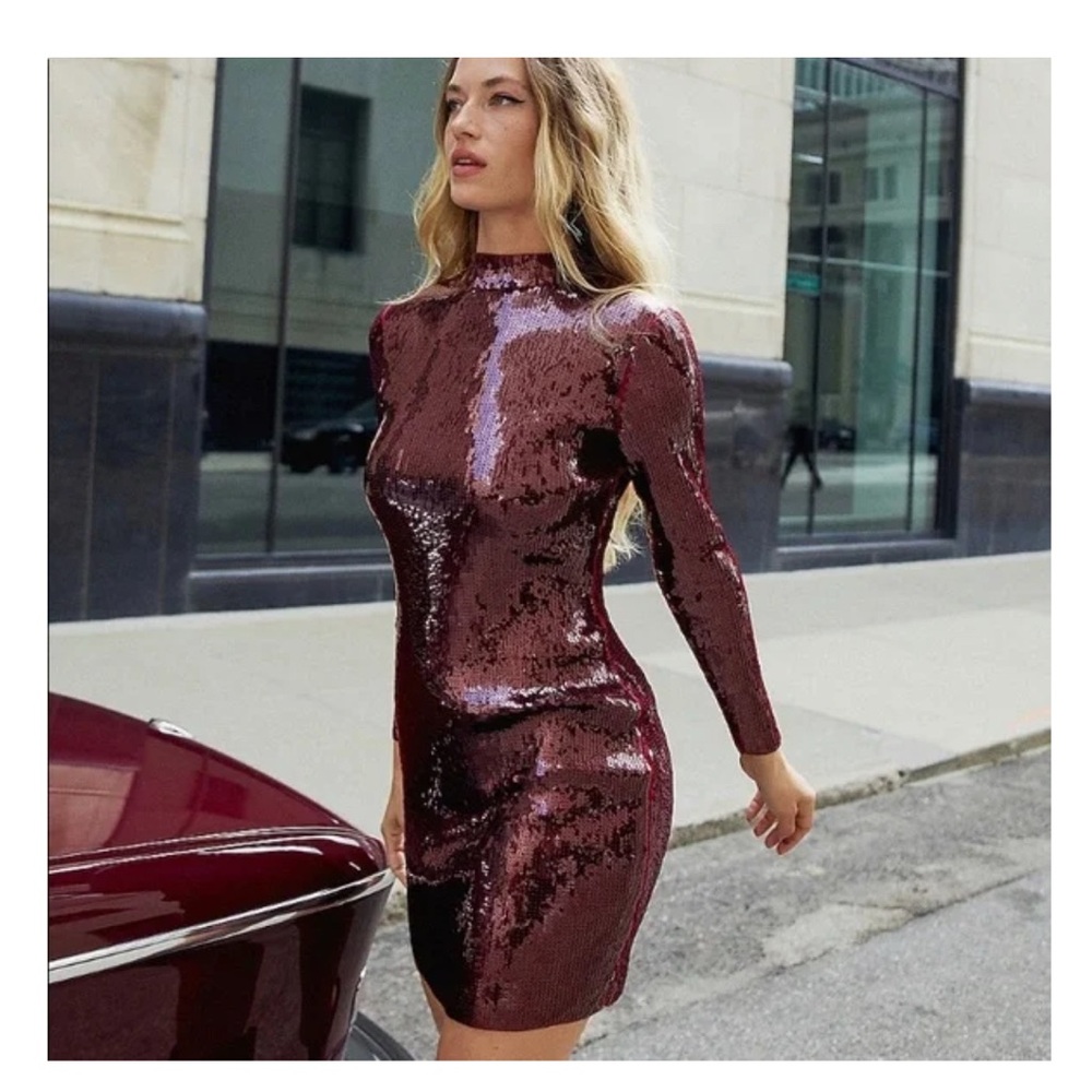 Express Long Sleeve Sequin Dress with Cut Out Back in Deep Red Burgundy Color